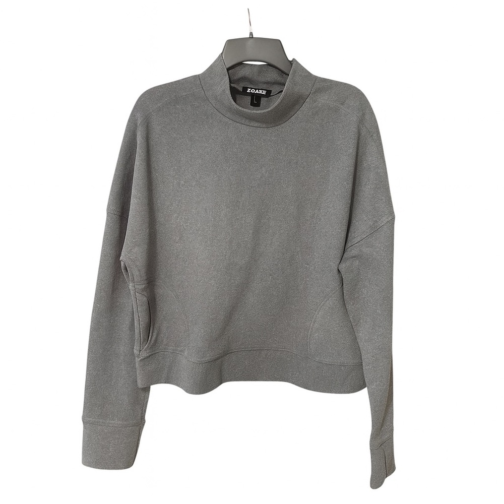 Gray Mock Neck Thumb-Hole Performance Active Semi-Crop Sweatshirt Large-Zohba